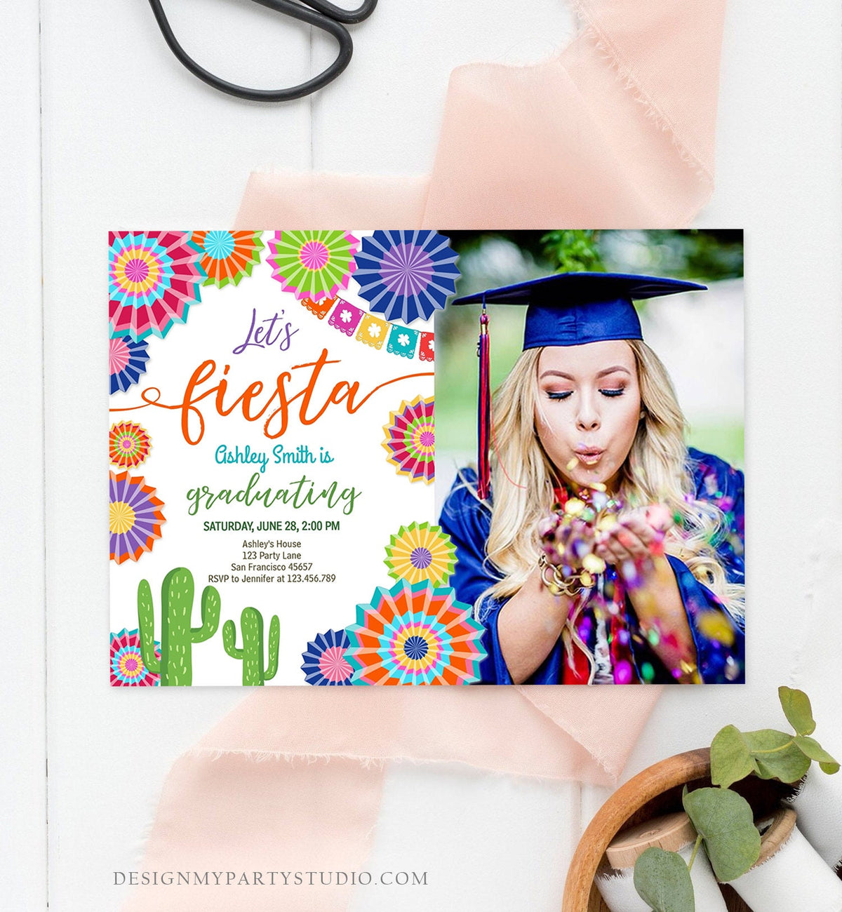 Editable Let's Fiesta Graduation Party Invitation Cactus Mexican Taco Bout Grad High School College Download Corjl Template Printable 0236