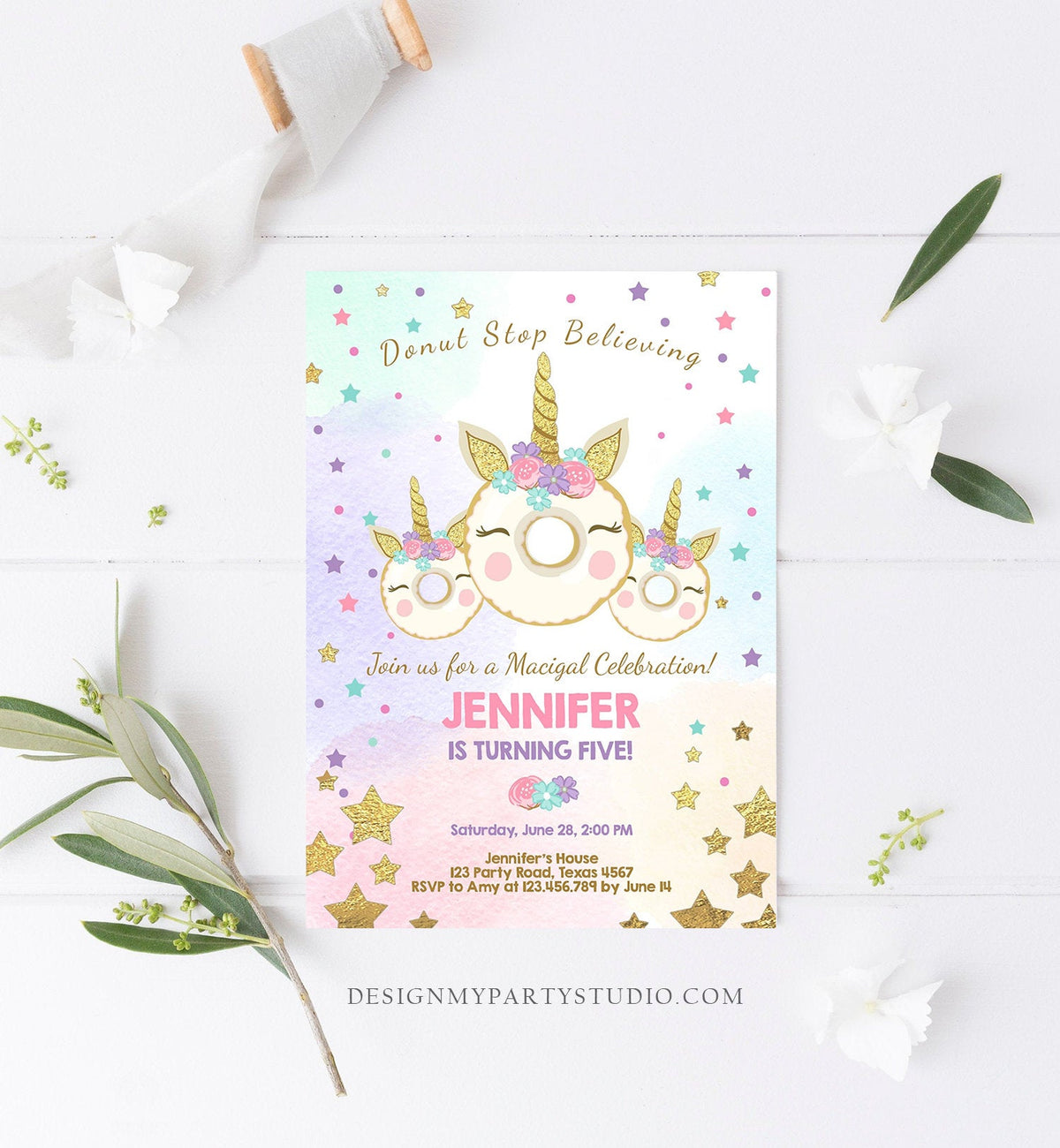 Editable Donut Unicorn Birthday Invitation Donut Stop Believing Magical Rainbow Party Doughnut Girl Pink Gold Corjl Template Printable 0041