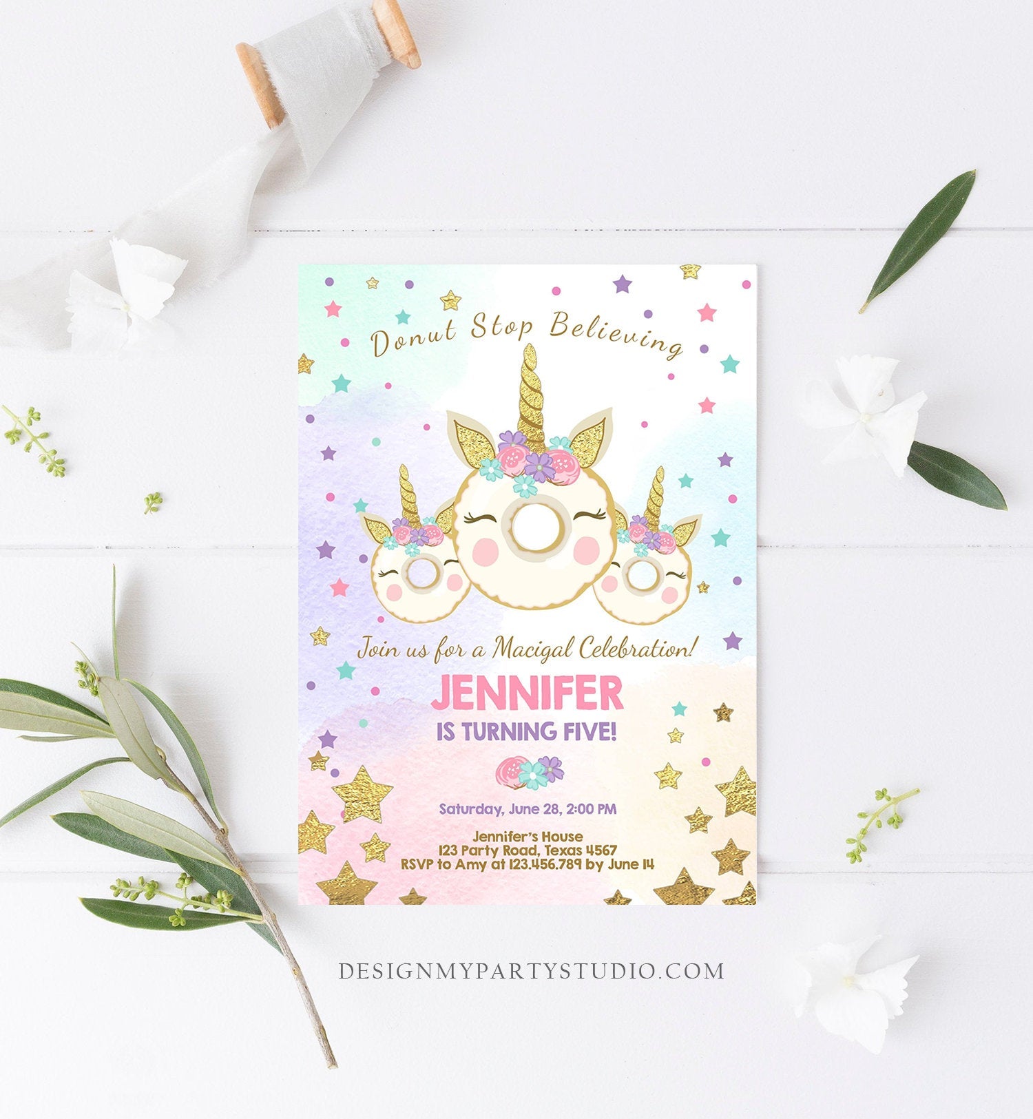 Editable Donut Unicorn Birthday Invitation Donut Stop Believing Magical Rainbow Party Doughnut Girl Pink Gold Corjl Template Printable 0041