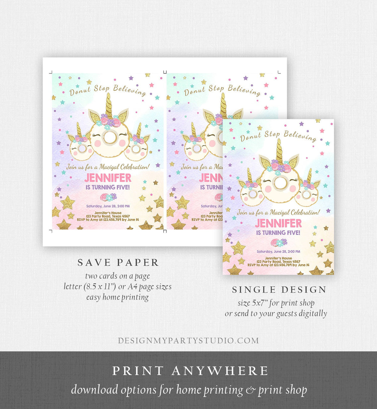 Editable Donut Unicorn Birthday Invitation Donut Stop Believing Magical Rainbow Party Doughnut Girl Pink Gold Corjl Template Printable 0041