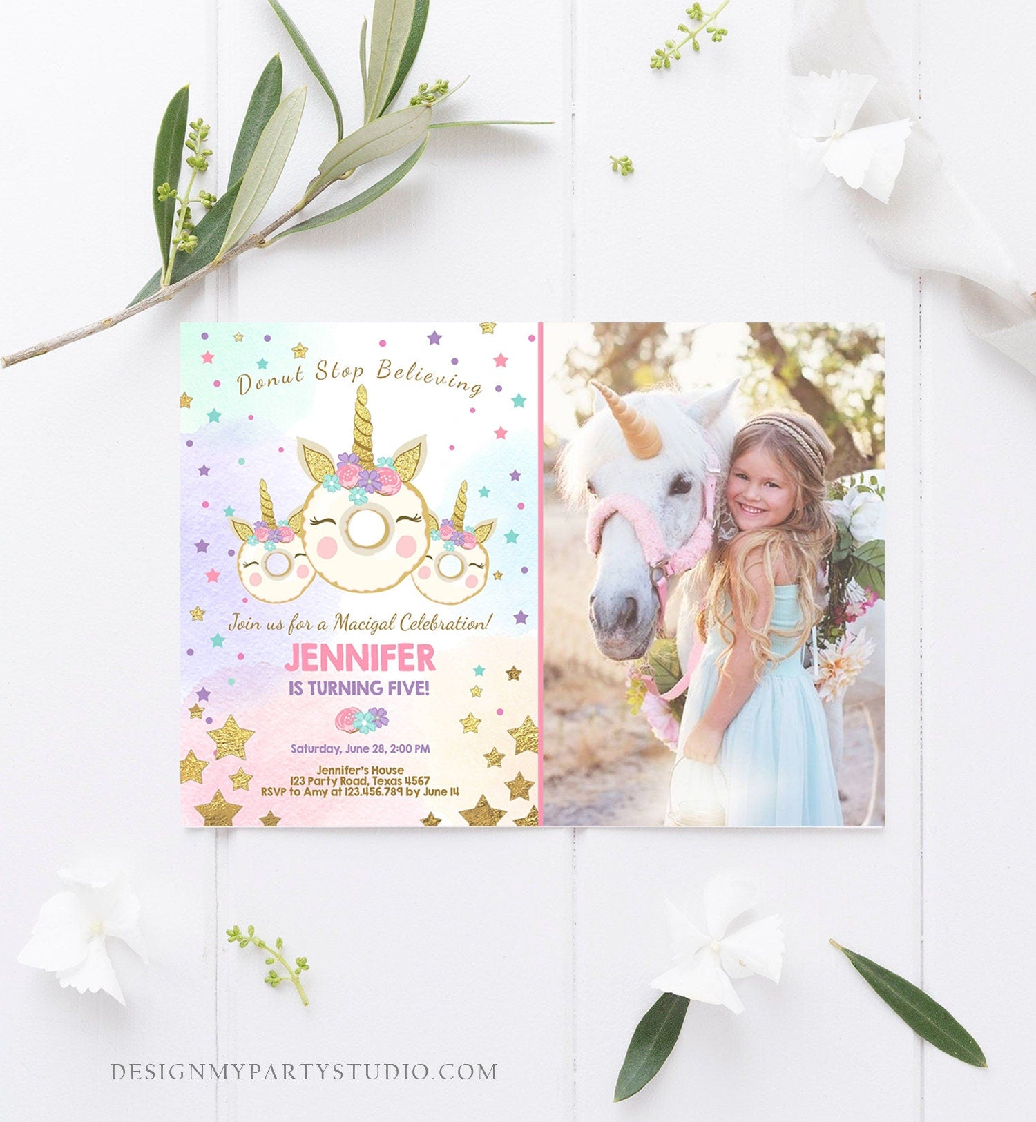 Editable Donut Unicorn Birthday Invitation Donut Stop Believing Magical Rainbow Party Doughnut Girl Pink Gold Corjl Template Printable 0041