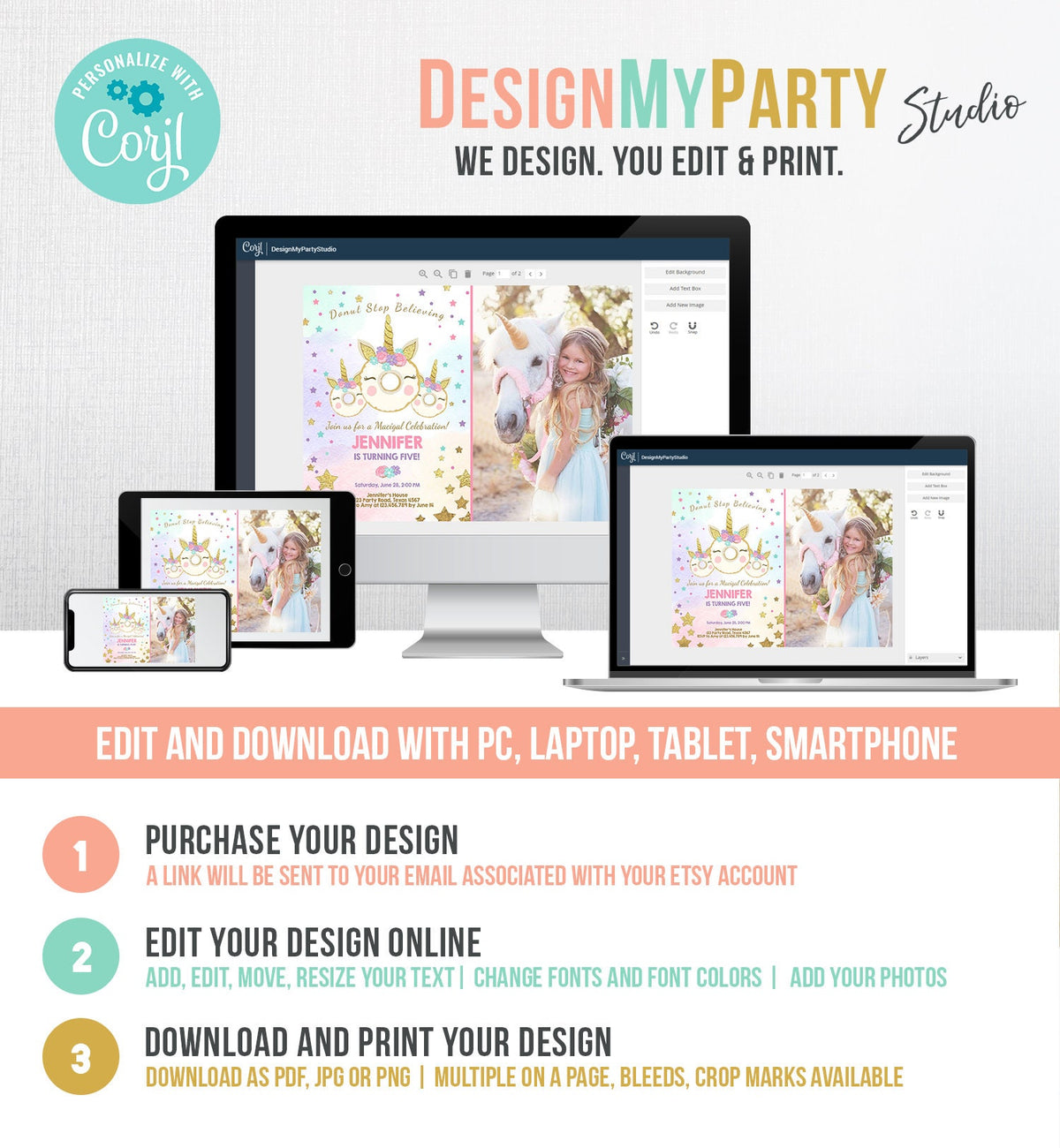 Editable Donut Unicorn Birthday Invitation Donut Stop Believing Magical Rainbow Party Doughnut Girl Pink Gold Corjl Template Printable 0041