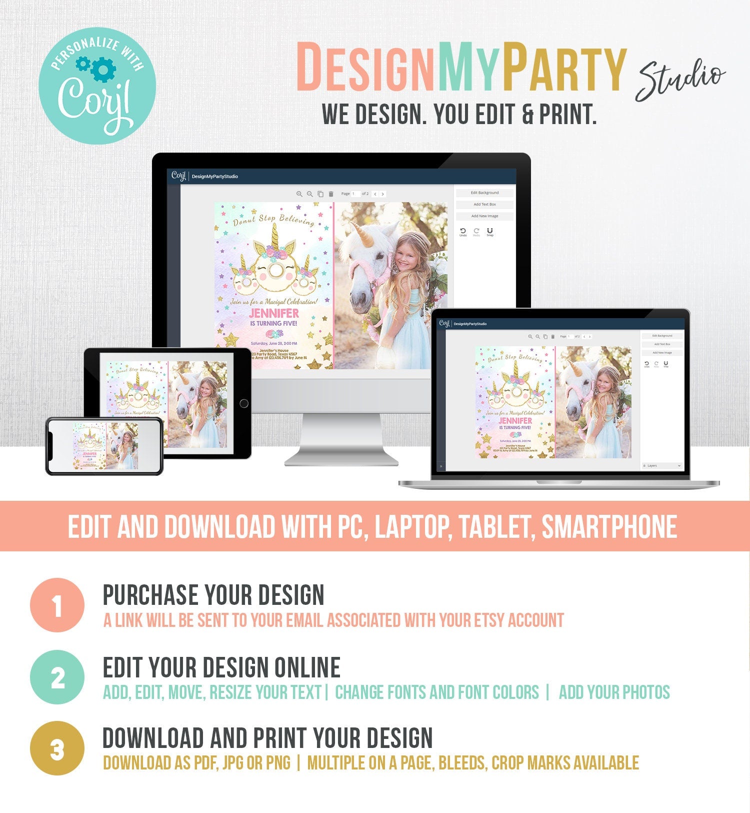 Editable Donut Unicorn Birthday Invitation Donut Stop Believing Magical Rainbow Party Doughnut Girl Pink Gold Corjl Template Printable 0041