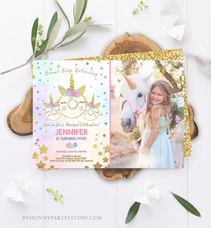 Editable Donut Unicorn Birthday Invitation Donut Stop Believing Magical Rainbow Party Doughnut Girl Pink Gold Corjl Template Printable 0041