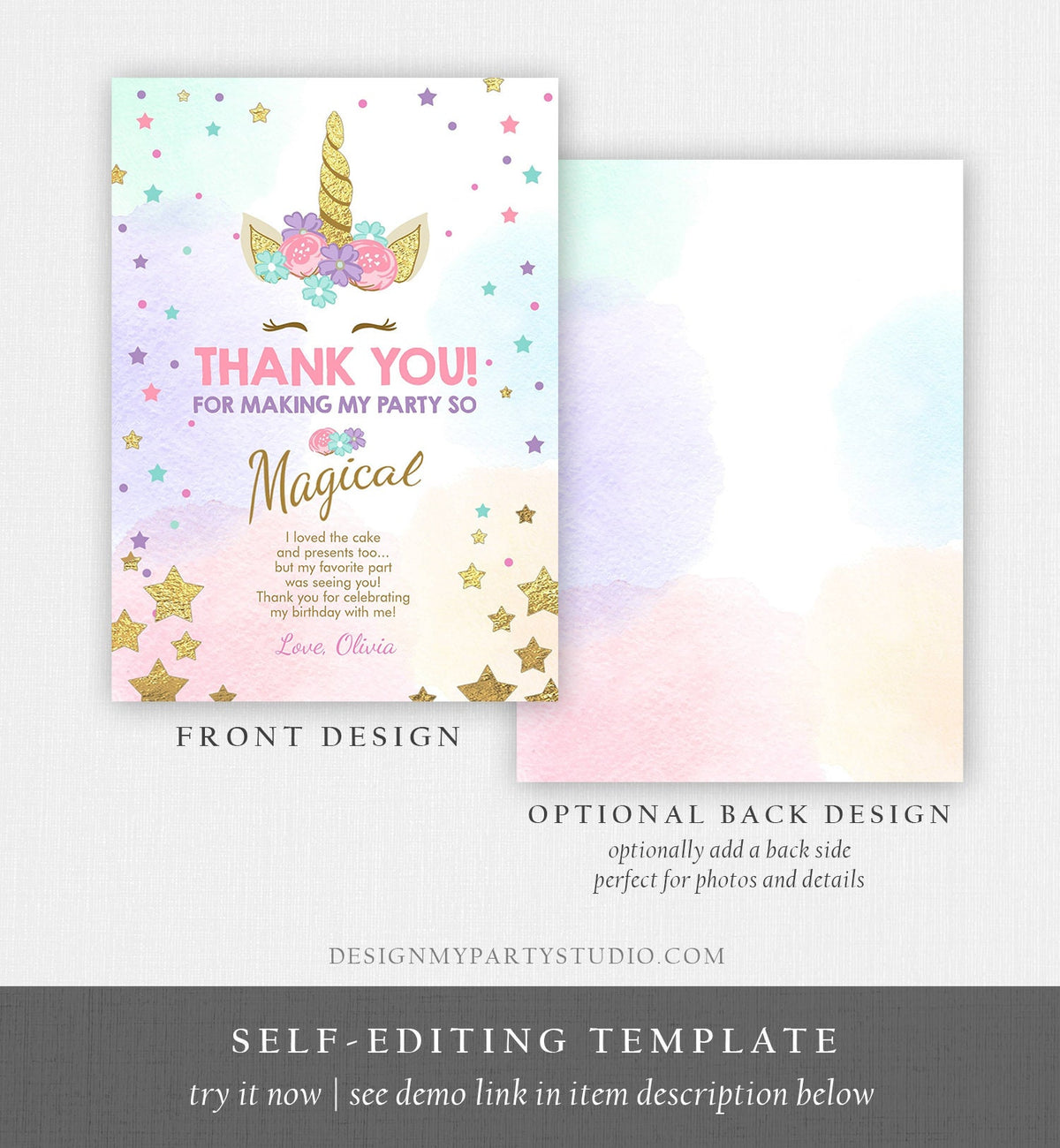 Editable Unicorn Thank You Card Girl Birthday Thank You Note Pink Gold Magical Party Baby Shower Download Corjl Template Printable 0041