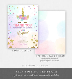 Editable Unicorn Thank You Card Girl Birthday Thank You Note Pink Gold Magical Party Baby Shower Download Corjl Template Printable 0041