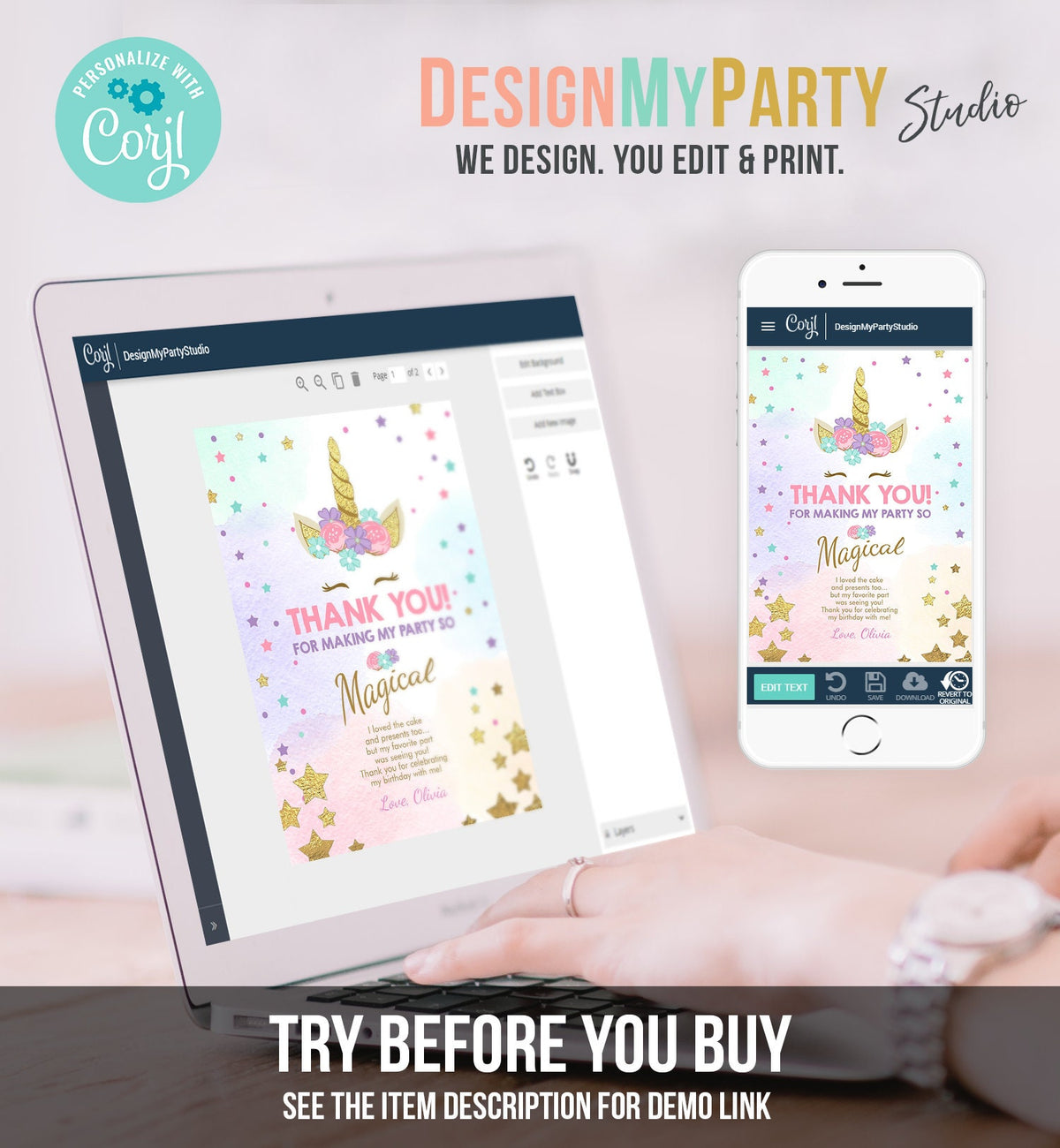 Editable Unicorn Thank You Card Girl Birthday Thank You Note Pink Gold Magical Party Baby Shower Download Corjl Template Printable 0041