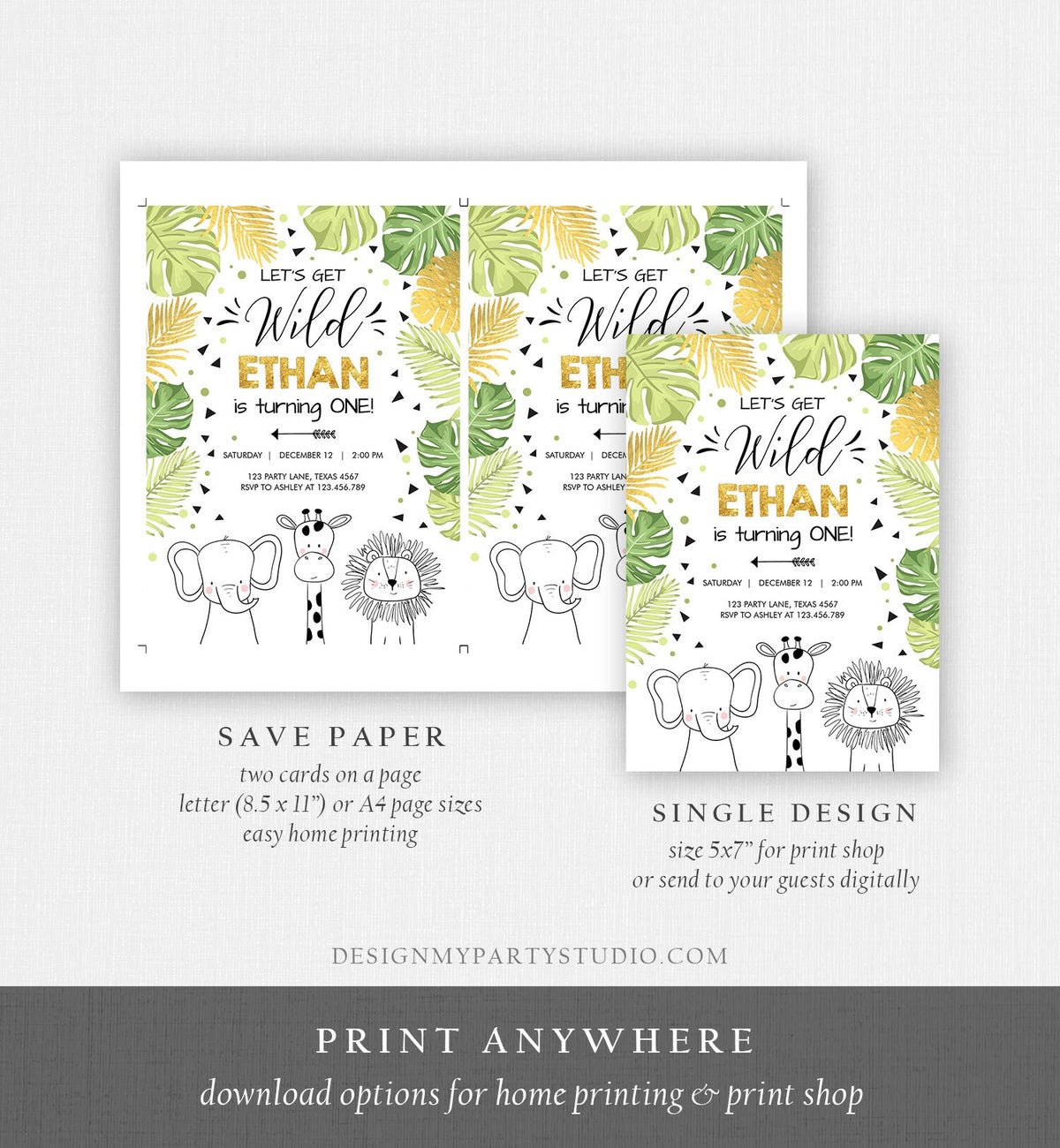 Editable Safari Animals Birthday Invitation Boy Girl First Birthday Let&#39;s Get Wild One Jungle Zoo Animals Black Modern Corjl Template 0039