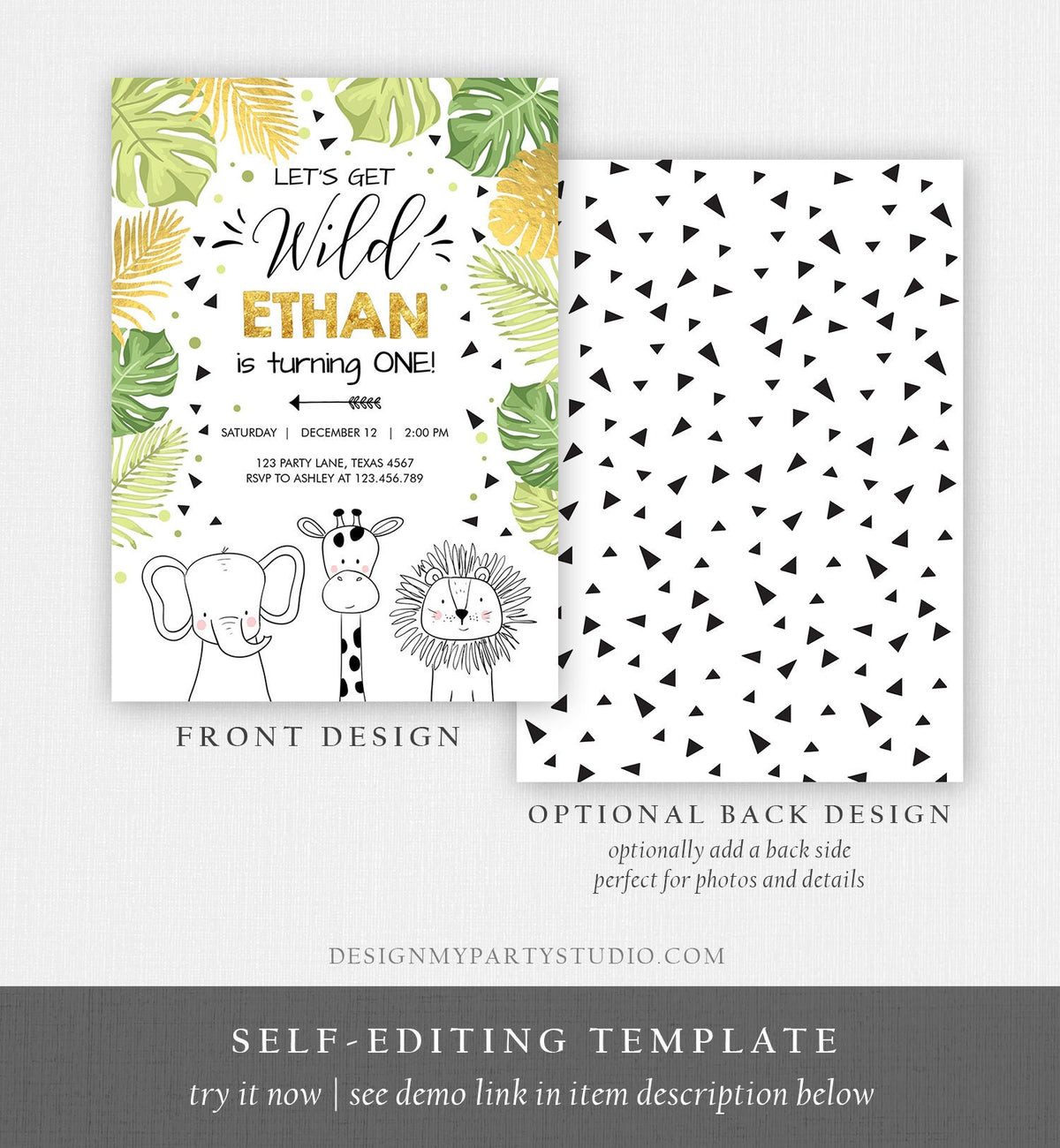 Editable Safari Animals Birthday Invitation Boy Girl First Birthday Let&#39;s Get Wild One Jungle Zoo Animals Black Modern Corjl Template 0039