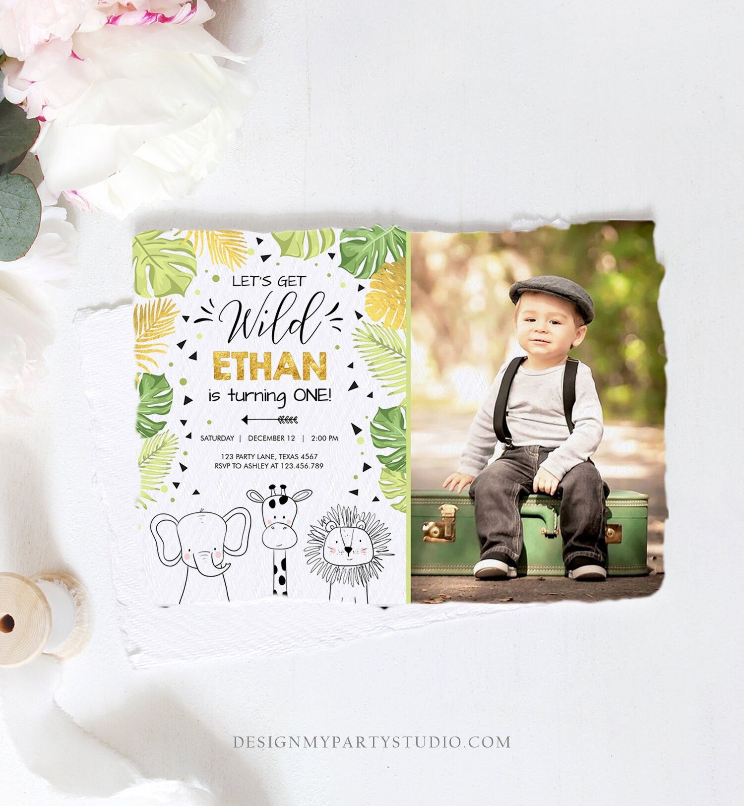 Editable Safari Animals Birthday Invitation Boy Girl First Birthday Let's Get Wild One Jungle Zoo Animals Black Modern Corjl Template 0039