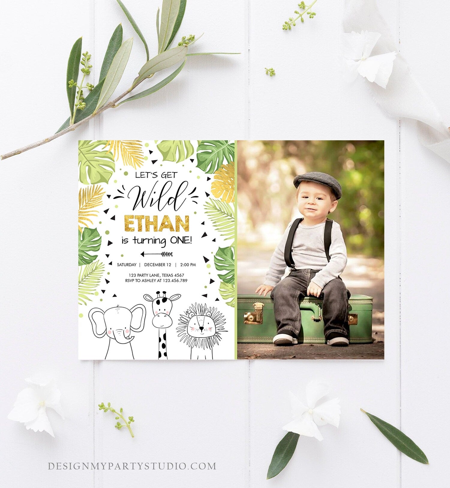 Editable Safari Animals Birthday Invitation Boy Girl First Birthday Let's Get Wild One Jungle Zoo Animals Black Modern Corjl Template 0039