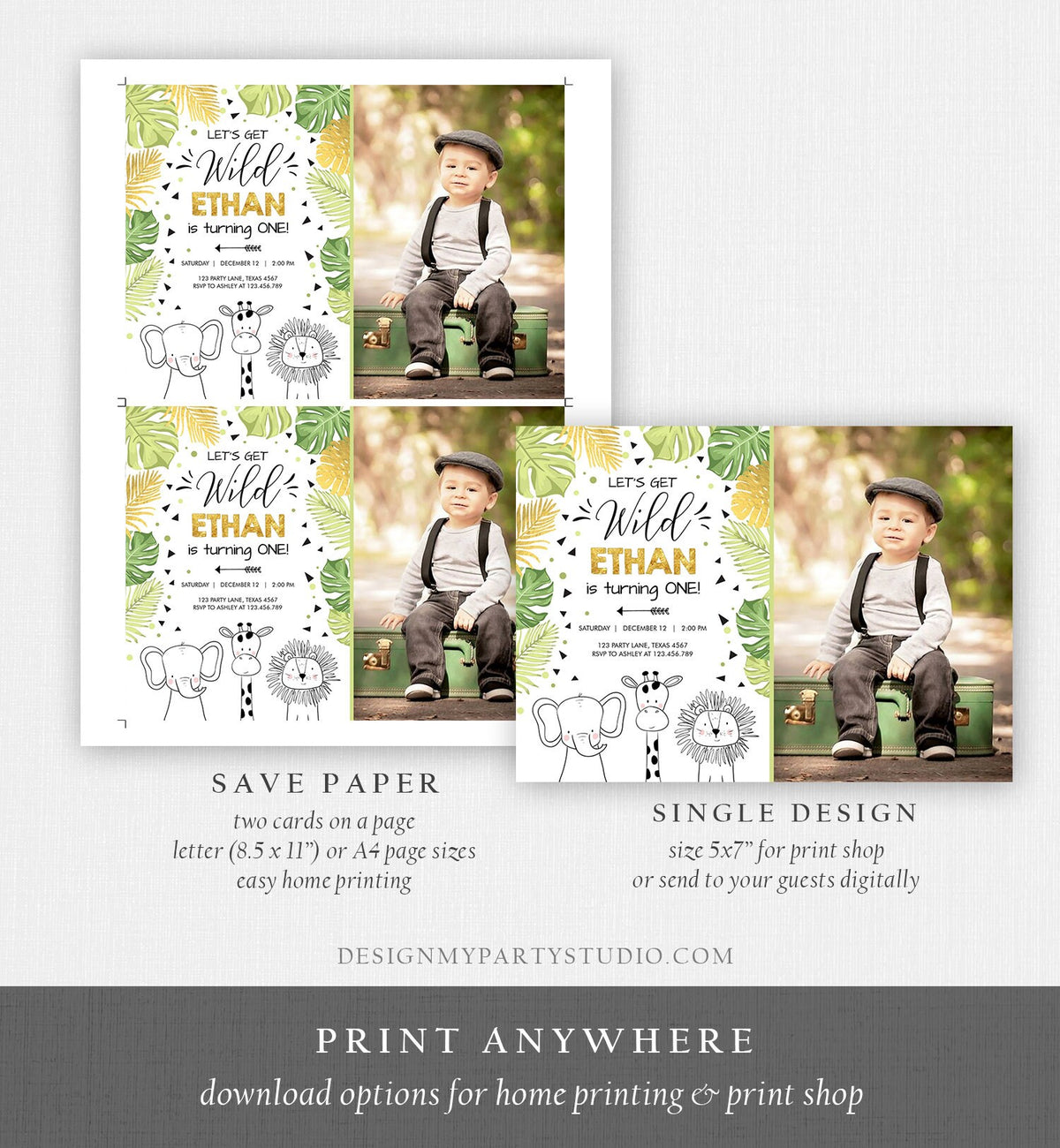Editable Safari Animals Birthday Invitation Boy Girl First Birthday Let&#39;s Get Wild One Jungle Zoo Animals Black Modern Corjl Template 0039