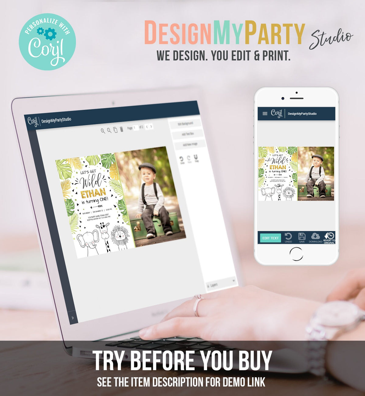 Editable Safari Animals Birthday Invitation Boy Girl First Birthday Let&#39;s Get Wild One Jungle Zoo Animals Black Modern Corjl Template 0039