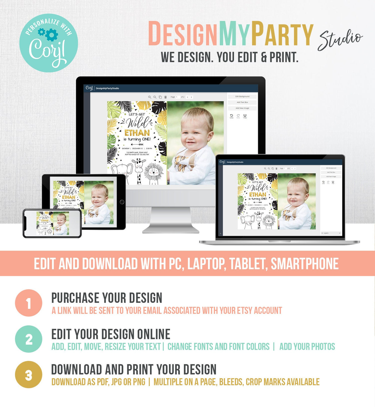 Editable Safari Animals Birthday Invitation Boy Girl First Birthday Let&#39;s Get Wild One Jungle Zoo Animals Black Modern Corjl Template 0039