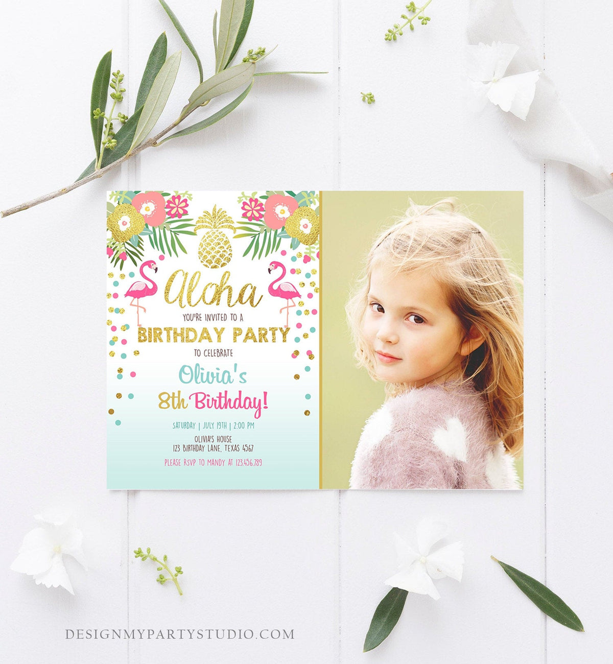 Editable Aloha Birthday Invitation Tropical Flamingo Luau Party Leaves Confetti Pink Gold Pineapple Hawaiian Corjl Template Printable 0200