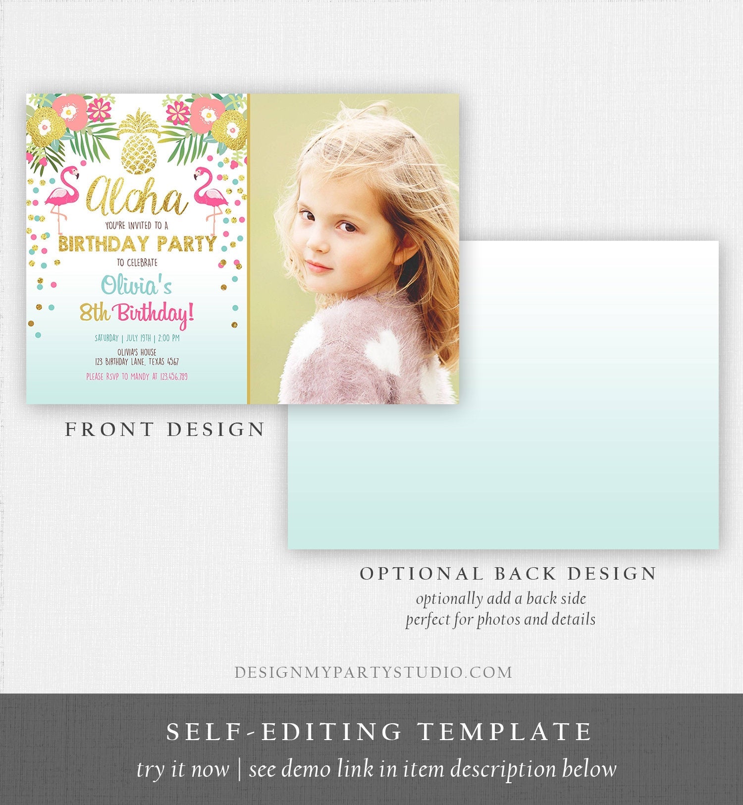 Editable Aloha Birthday Invitation Tropical Flamingo Luau Party Leaves Confetti Pink Gold Pineapple Hawaiian Corjl Template Printable 0200