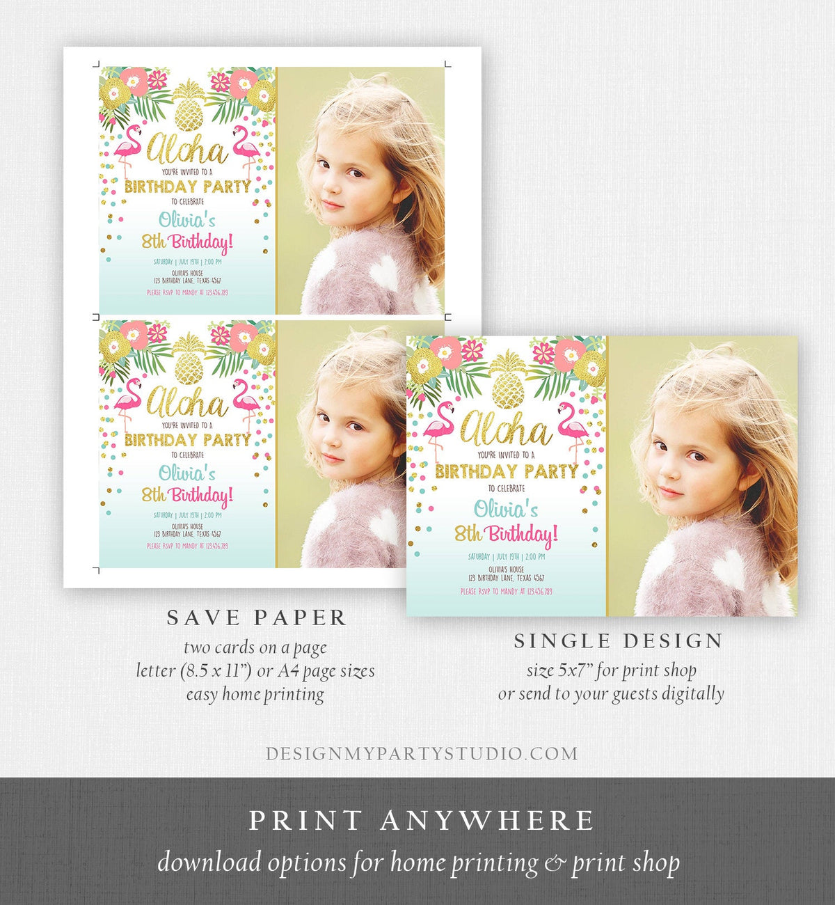 Editable Aloha Birthday Invitation Tropical Flamingo Luau Party Leaves Confetti Pink Gold Pineapple Hawaiian Corjl Template Printable 0200