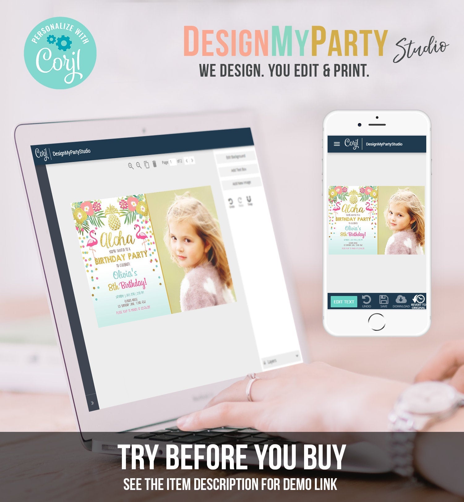 Editable Aloha Birthday Invitation Tropical Flamingo Luau Party Leaves Confetti Pink Gold Pineapple Hawaiian Corjl Template Printable 0200