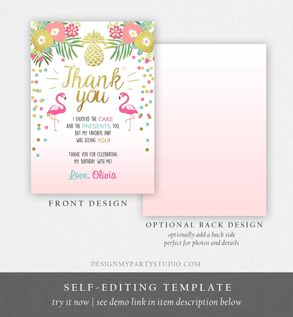 Editable Tropical Aloha Thank You Card Flamingo Birthday Luau Party Leaves Pink Gold Confetti Digital Download Corjl Template Printable 0200