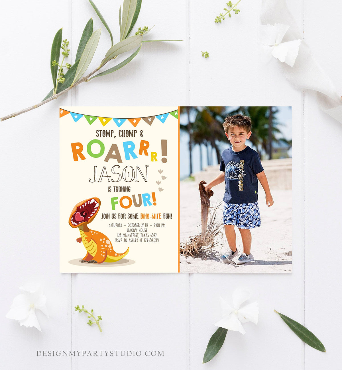Editable Dinosaur Birthday Invitation Boy T-Rex Dino Party Stomp Chomp Growl Roar Party Like a Dinosaur Prehistoric Corjl Template 0301
