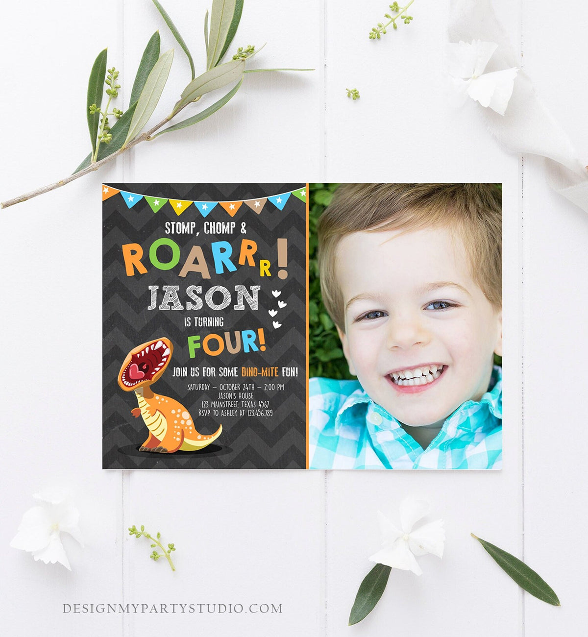 Editable Dinosaur Birthday Invitation Boy T-Rex Dino Party Stomp Chomp Growl Roar Party Like a Dinosaur Prehistoric Corjl Template 0301