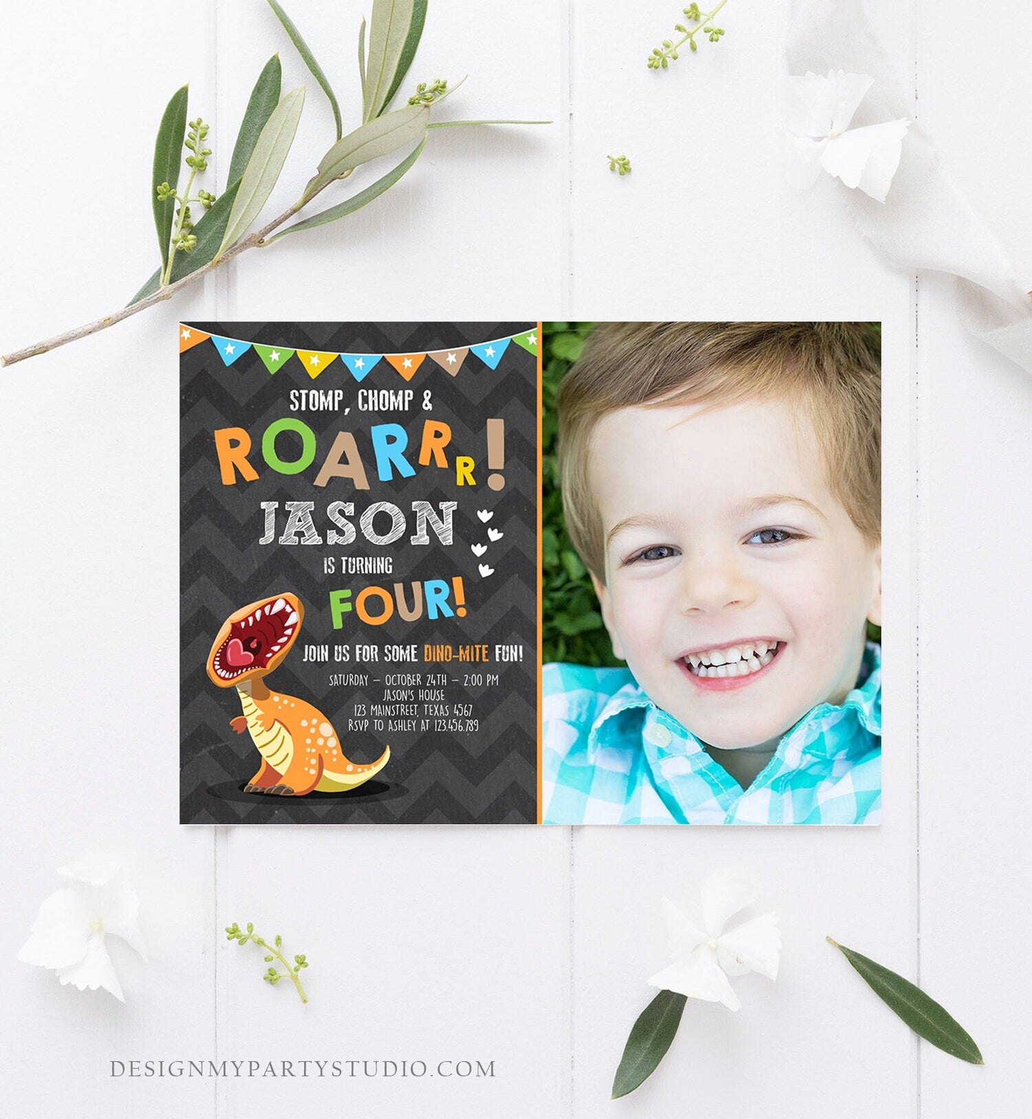 Editable Dinosaur Birthday Invitation Boy T-Rex Dino Party Stomp Chomp Growl Roar Party Like a Dinosaur Prehistoric Corjl Template 0301