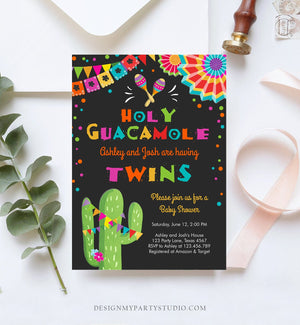 Editable Holy Guacamole Fiesta Baby Shower Invitation Cactus Mexican Succulent Little Señor Senorita on the Way Twins Corjl Template 0045