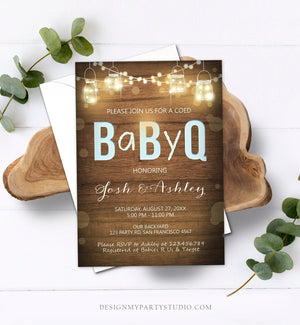 Editable BabyQ Invitation Coed BBQ Baby Shower Rustic Wood Lights Jars Blue Boy Fall Instant Download Printable Template Digital Corjl 0015