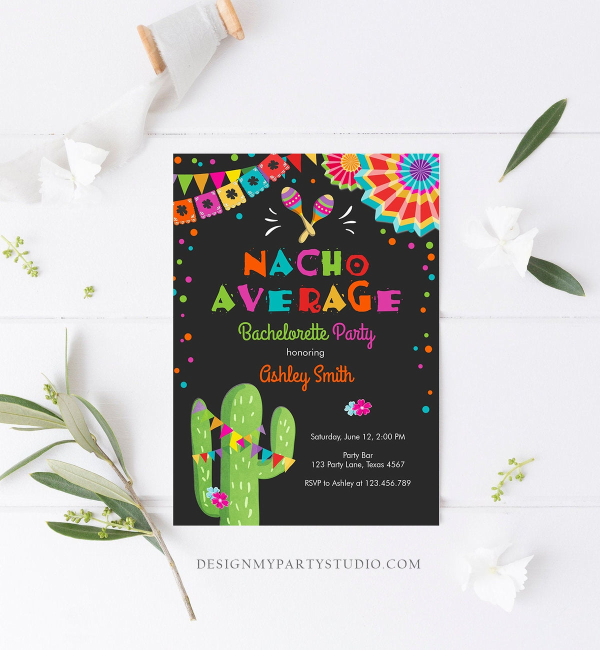 Editable Nacho Average Bachelorette Party Invitation Cactus Pink Let&#39;s Fiesta Mexican Bridal Shower Download Digital Corjl Template 0045