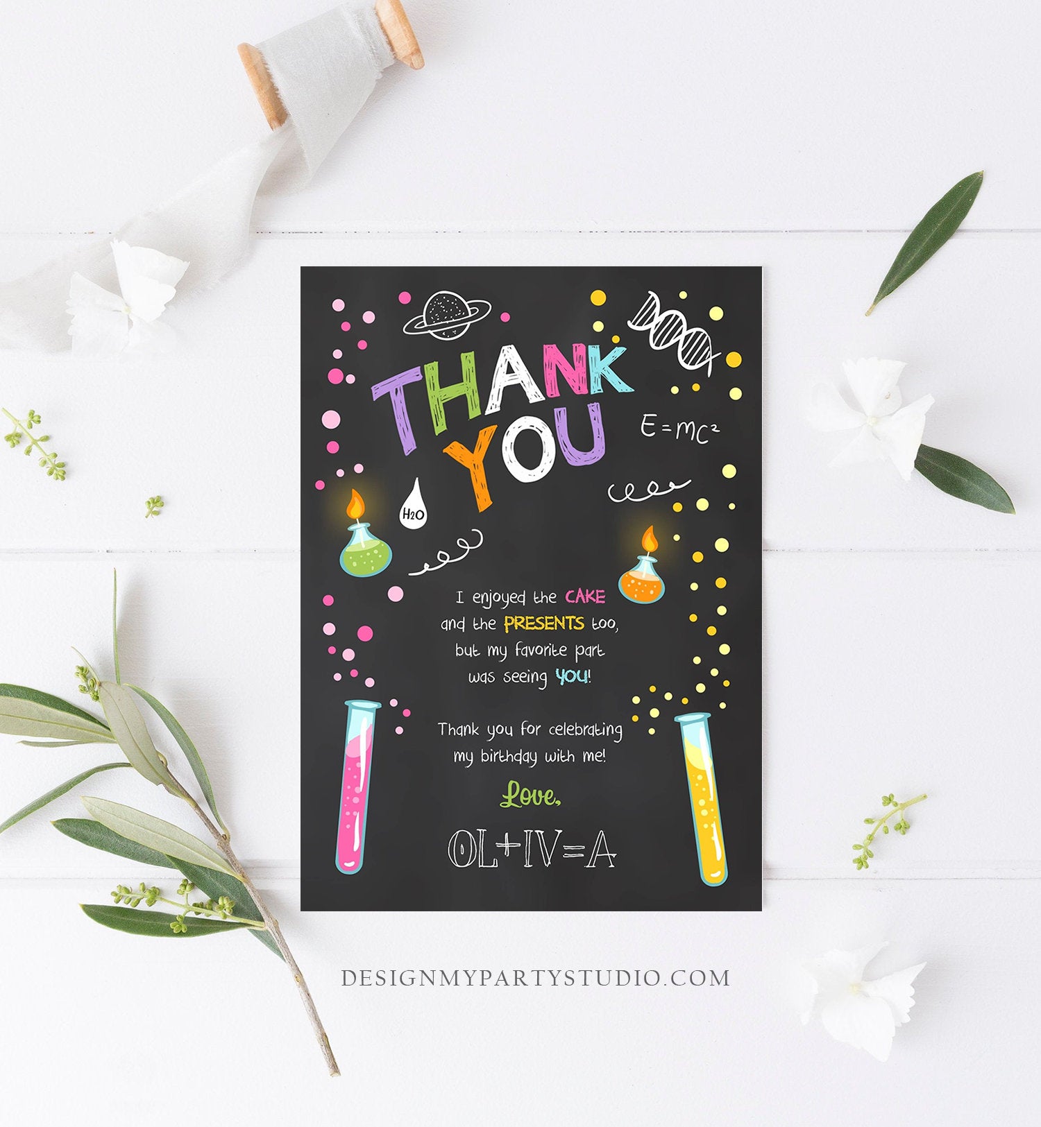 Editable Science Experiment Thank You Card Birthday Girl Party Mad Scientist Lab Slime Party Professor Digital Corjl Template Printable 0094