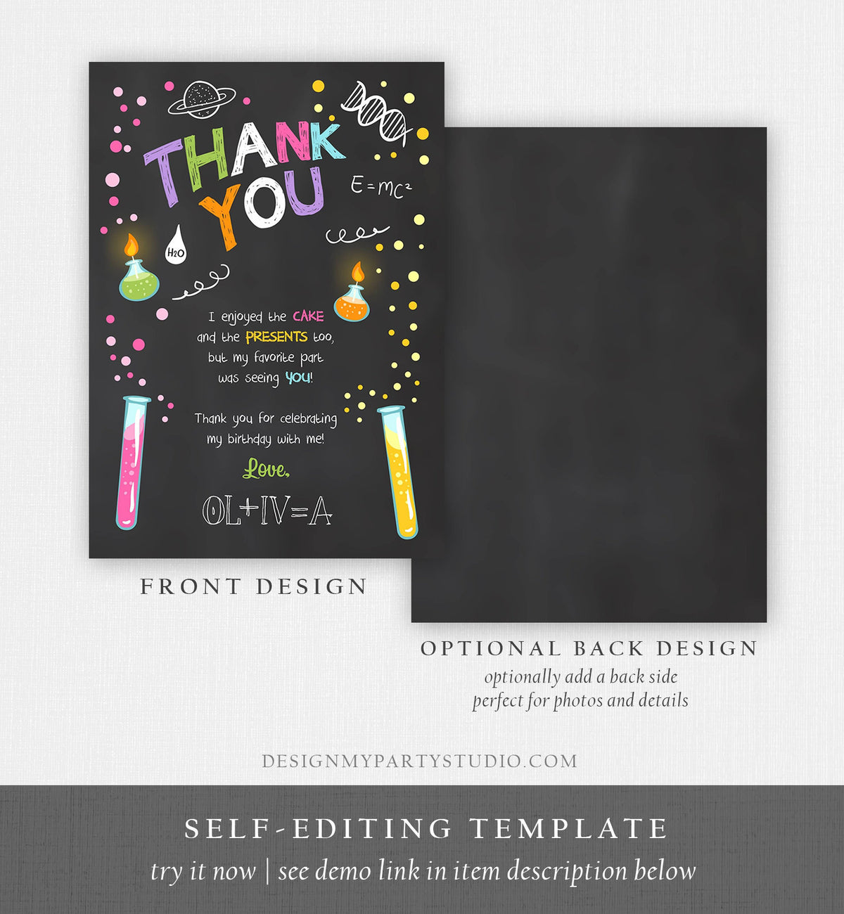 Editable Science Experiment Thank You Card Birthday Girl Party Mad Scientist Lab Slime Party Professor Digital Corjl Template Printable 0094