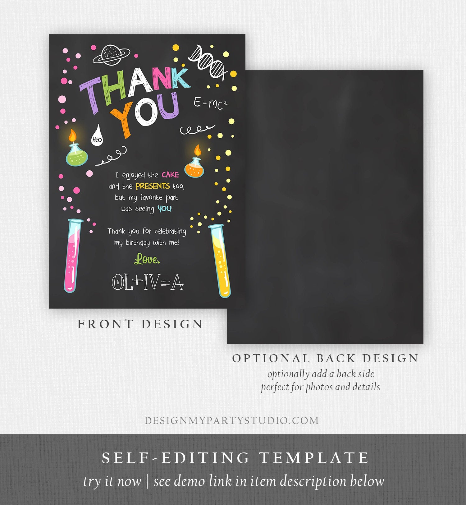 Editable Science Experiment Thank You Card Birthday Girl Party Mad Scientist Lab Slime Party Professor Digital Corjl Template Printable 0094