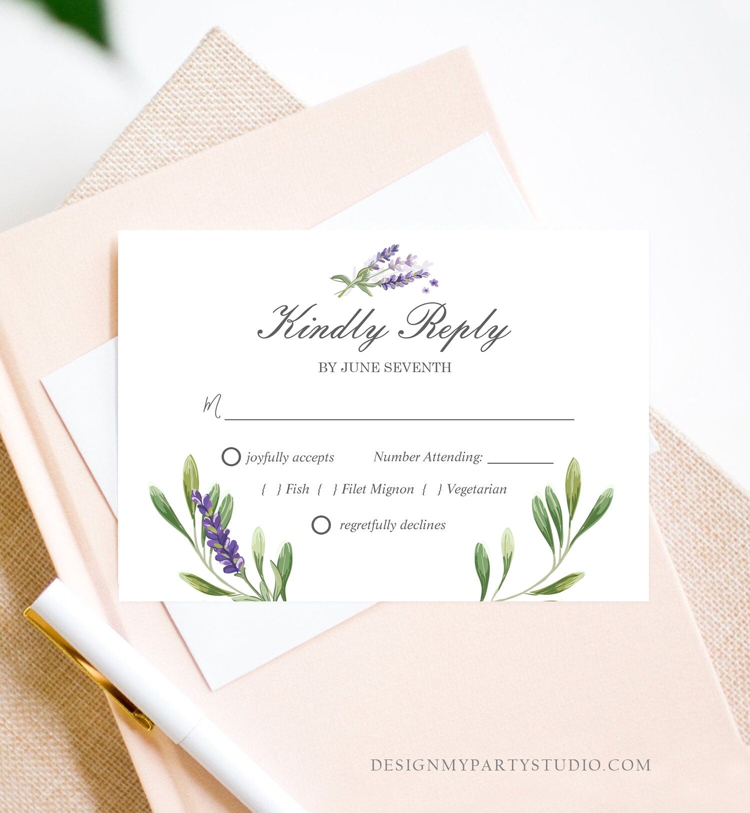 Editable Lavender RSVP Card Wedding Kindly Reply Response Card Greenery Foliage Boho Lilac Blush Purple Corjl Template Printable 0206