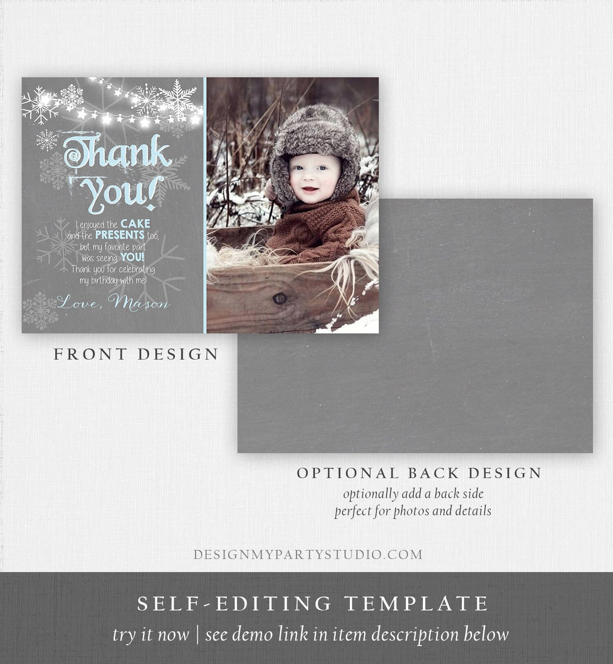 Editable Winter Onederland Thank You Card First Birthday Winter Thank You Note Blue Grey Boy Snowflake 1st Corjl Template Printable 0027
