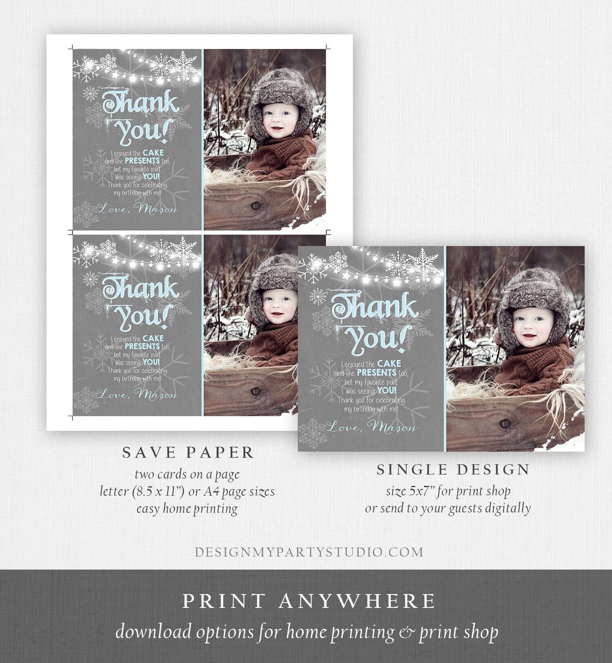 Editable Winter Onederland Thank You Card First Birthday Winter Thank You Note Blue Grey Boy Snowflake 1st Corjl Template Printable 0027