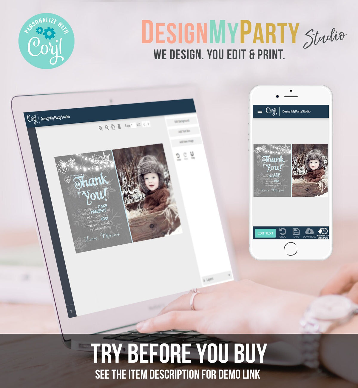 Editable Winter Onederland Thank You Card First Birthday Winter Thank You Note Blue Grey Boy Snowflake 1st Corjl Template Printable 0027