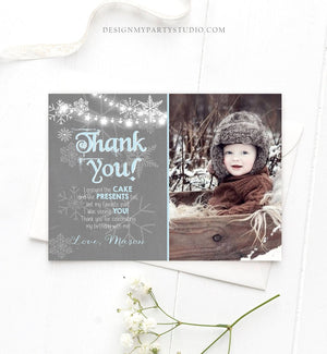 Editable Winter Onederland Thank You Card First Birthday Winter Thank You Note Blue Grey Boy Snowflake 1st Corjl Template Printable 0027