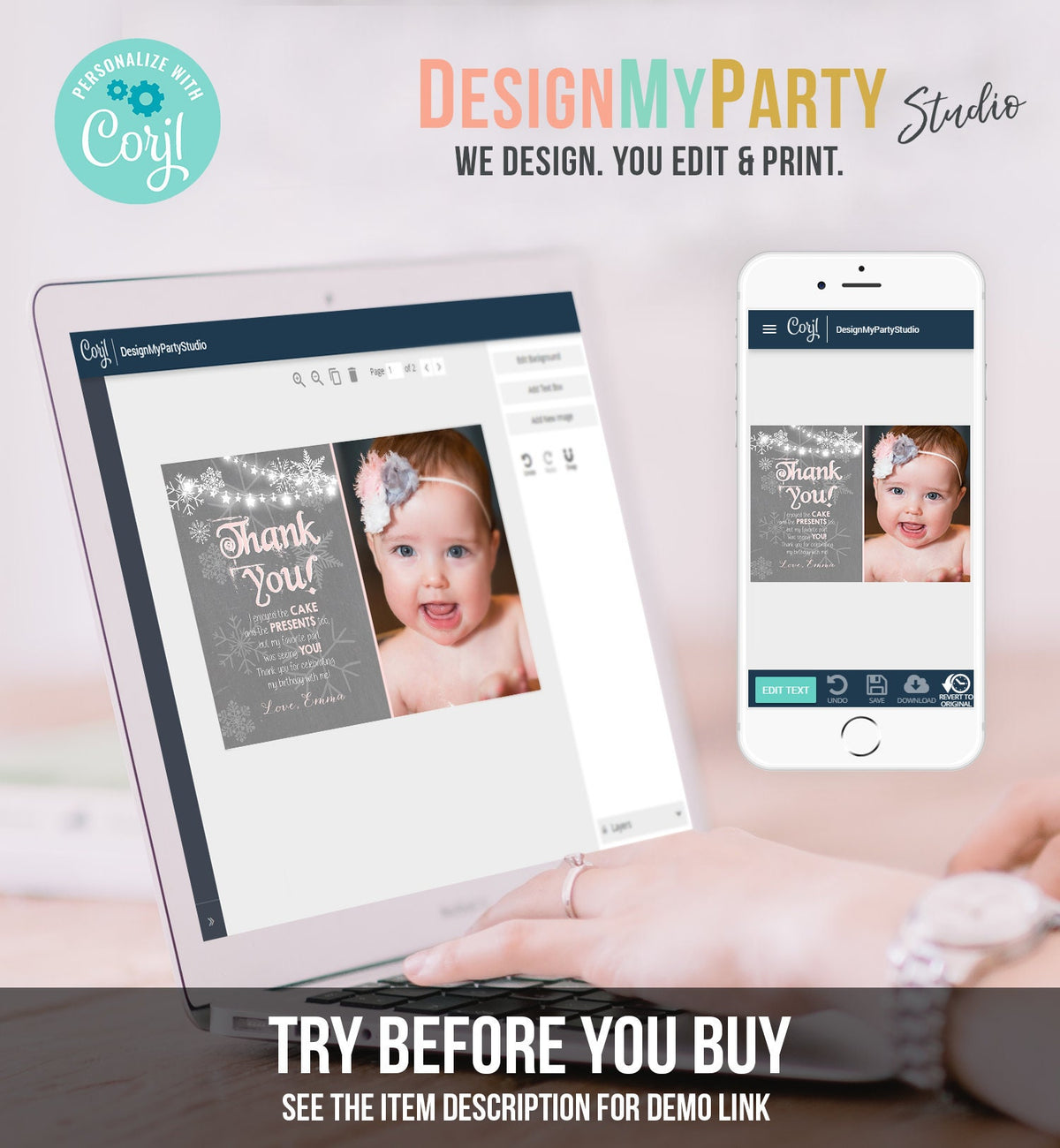 Editable Winter Onederland Thank You Card First Birthday Winter Thank You Note Pink Grey Girl Snowflake 1st Corjl Template Printable 0027