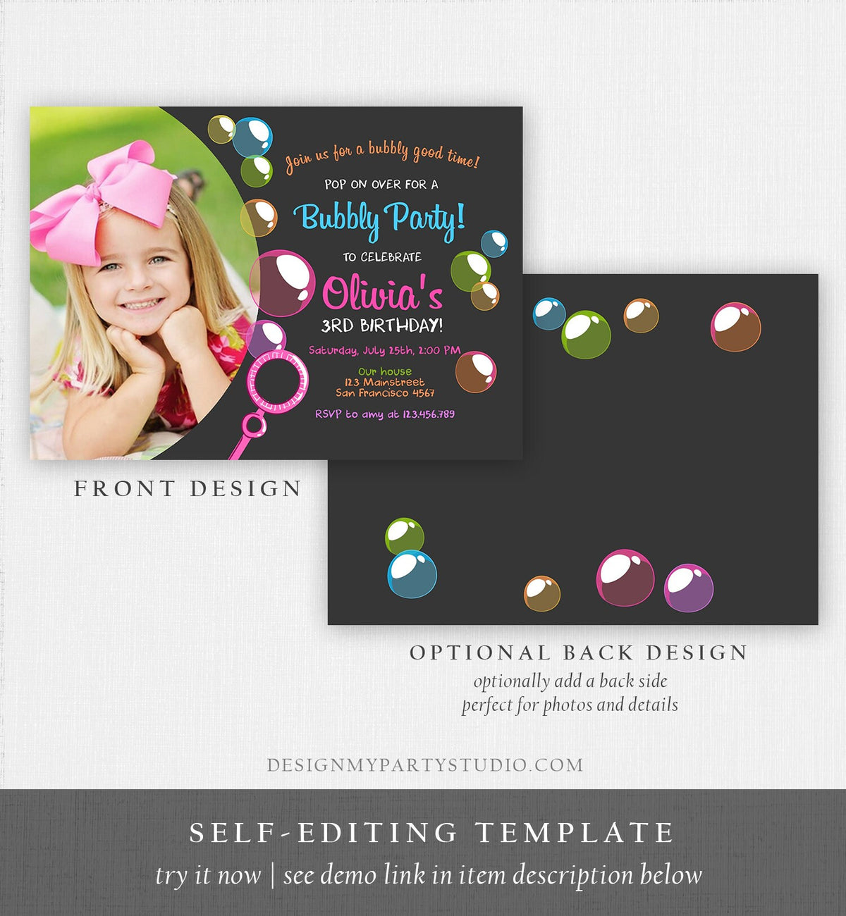 Editable Bubble Birthday Invitation Bubbles Birthday Party Invite Pop Girl Pink Purple Summer Download Printable Template Corjl Digital 0035