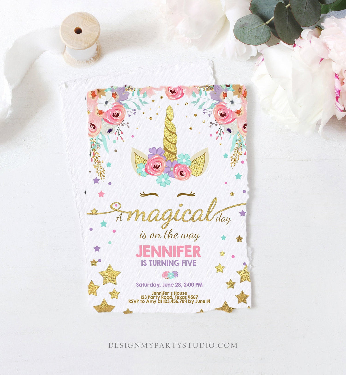 Editable Magical Unicorn Birthday Invitation Magical Day Rainbow Pastel Pink Girl Gold Stars Floral Download Corjl Template Printable 0041