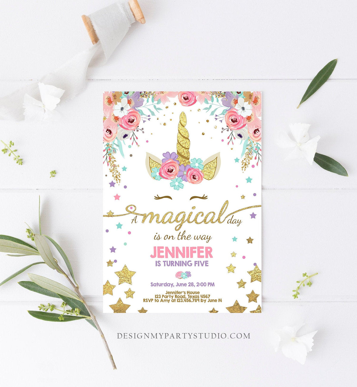 Editable Magical Unicorn Birthday Invitation Magical Day Rainbow Pastel Pink Girl Gold Stars Floral Download Corjl Template Printable 0041