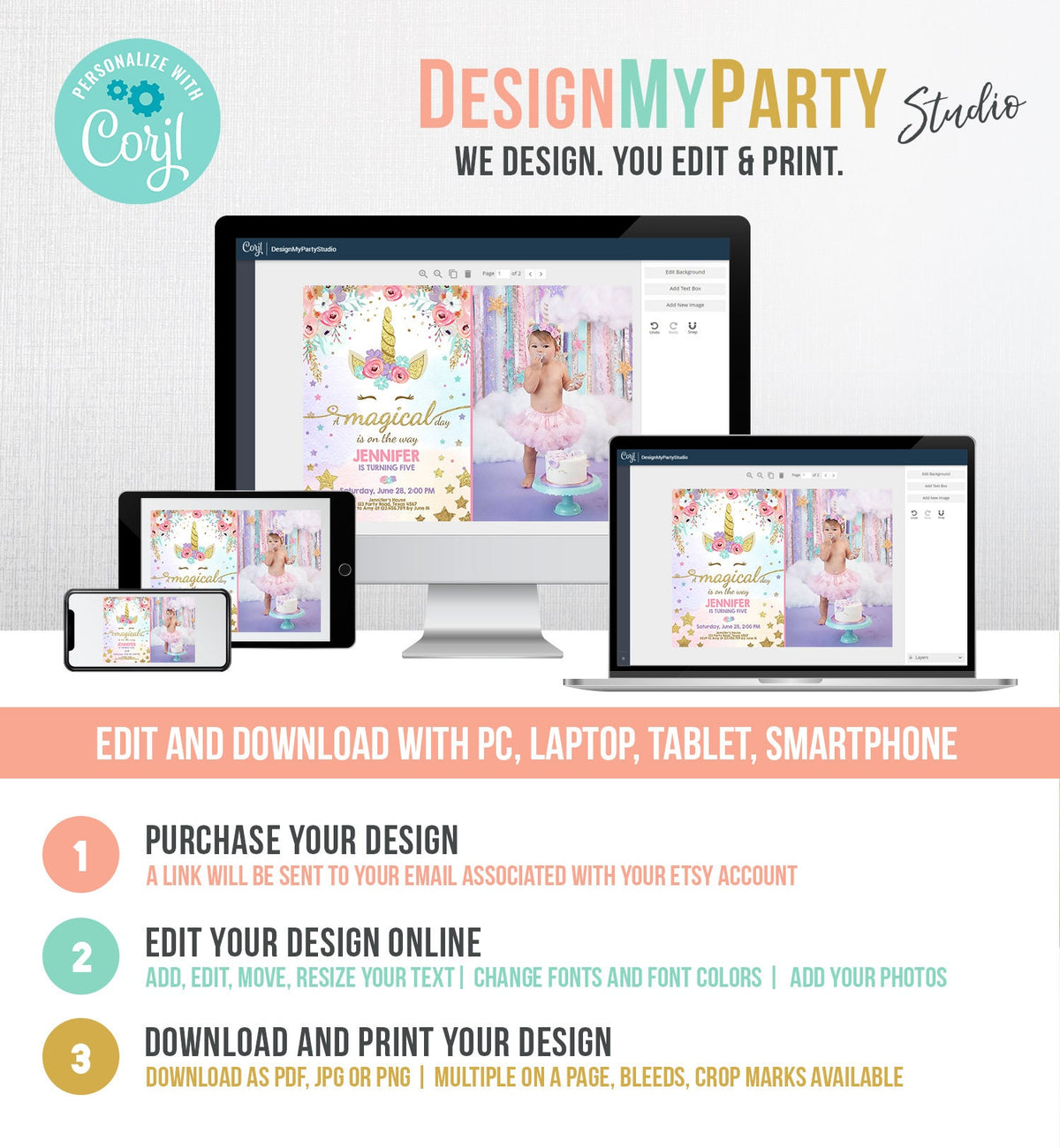 Editable Magical Unicorn Birthday Invitation Magical Day Rainbow Pastel Pink Girl Gold Stars Floral Download Corjl Template Printable 0041