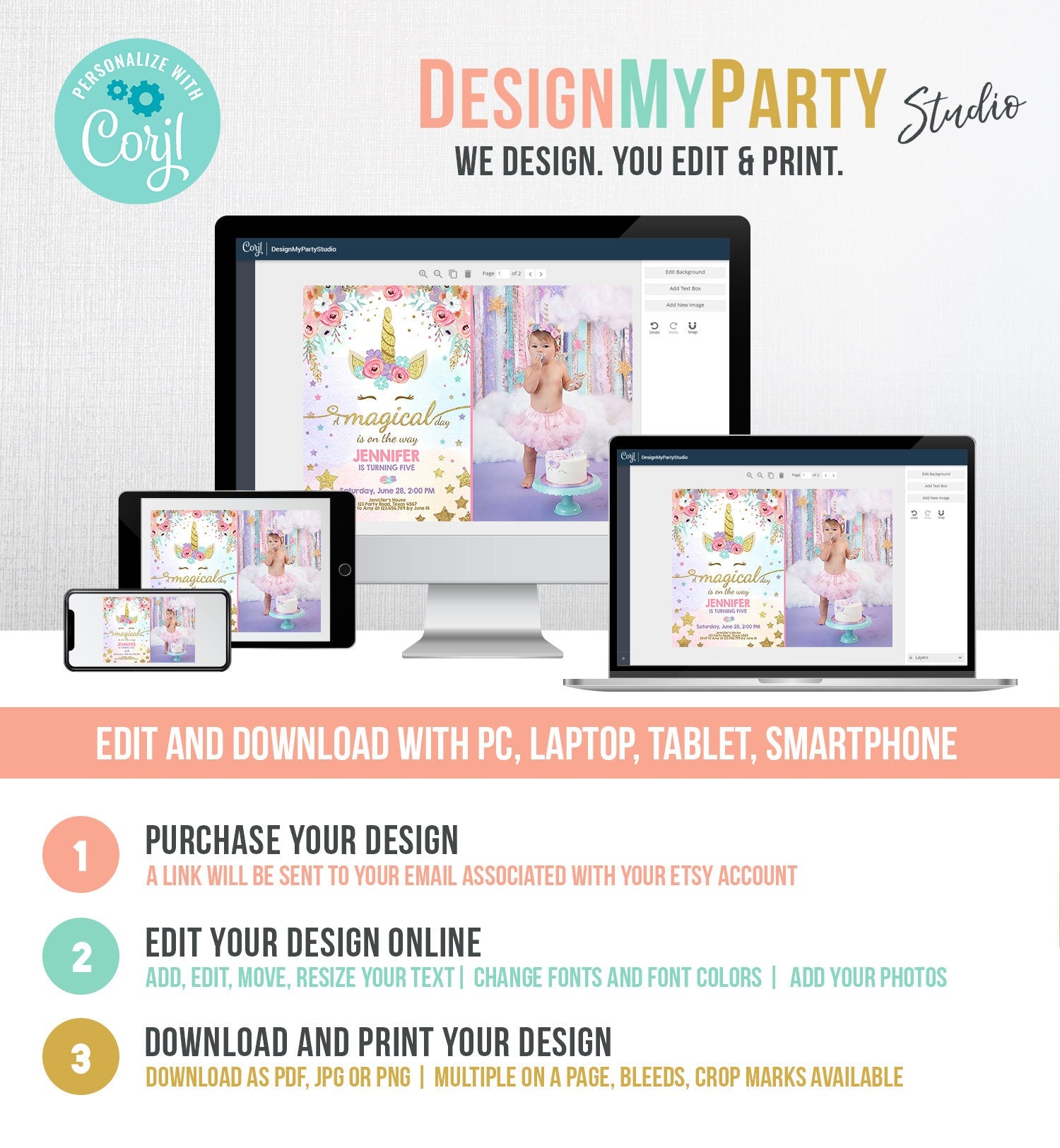 Editable Magical Unicorn Birthday Invitation Magical Day Rainbow Pastel Pink Girl Gold Stars Floral Download Corjl Template Printable 0041