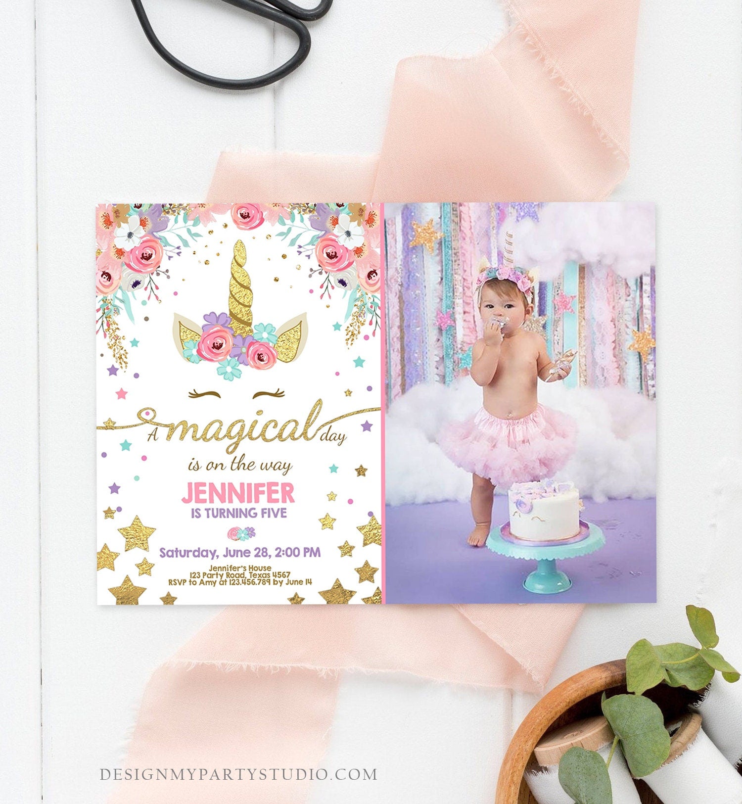Editable Magical Unicorn Birthday Invitation Magical Day Rainbow Pastel Pink Girl Gold Stars Floral Download Corjl Template Printable 0041