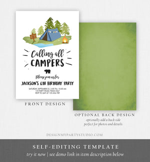Editable Glamping Party Invitation Camp Out Birthday Invite Bonfire Outdoor Camping Tent Boy Blue Download Printable Template Corjl 0302