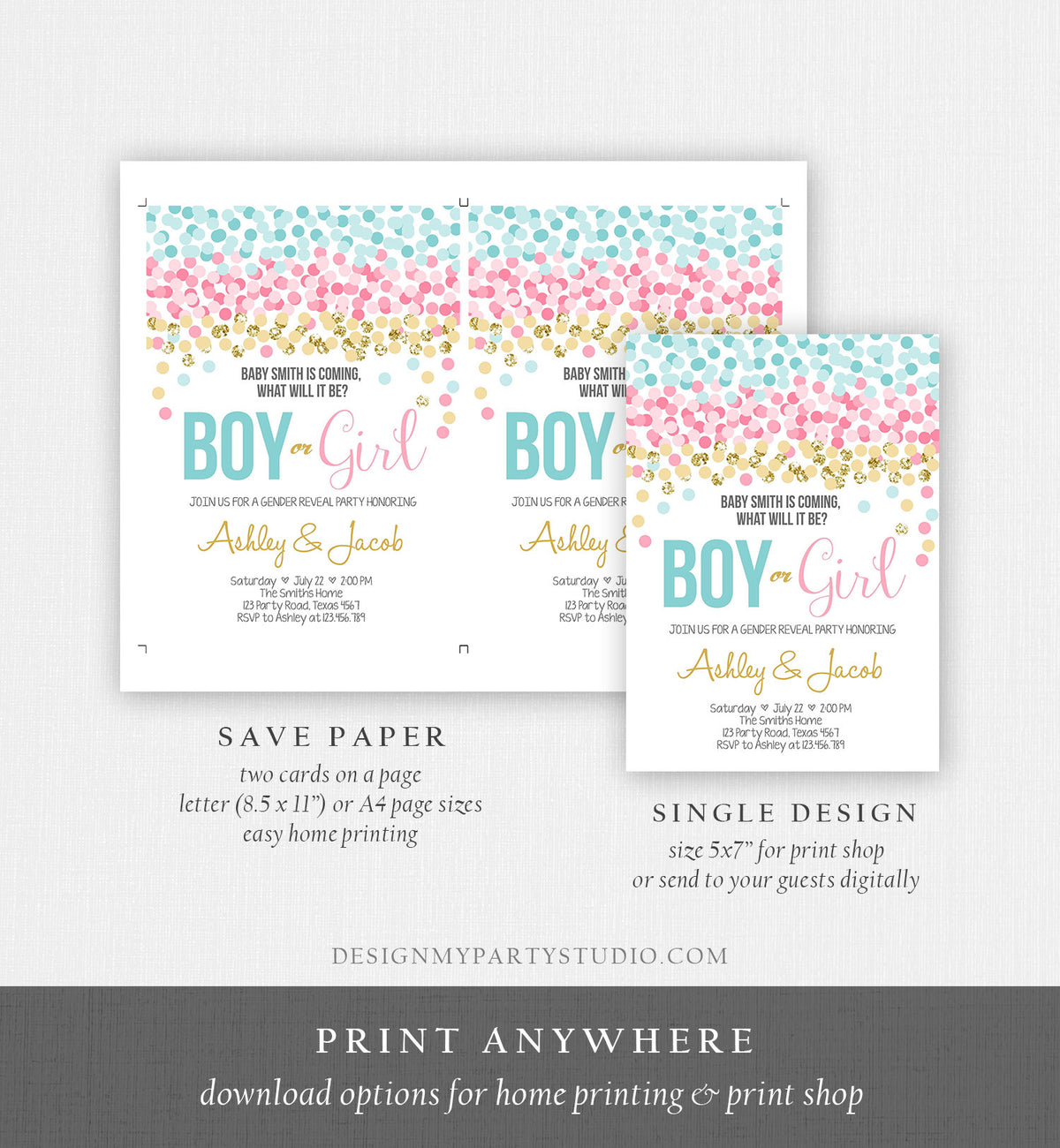 Editable Gender Reveal Invitation Confetti Blue or Pink Gold Boy or Girl He or She Rustic Instant Download Printable Template Corjl 0133