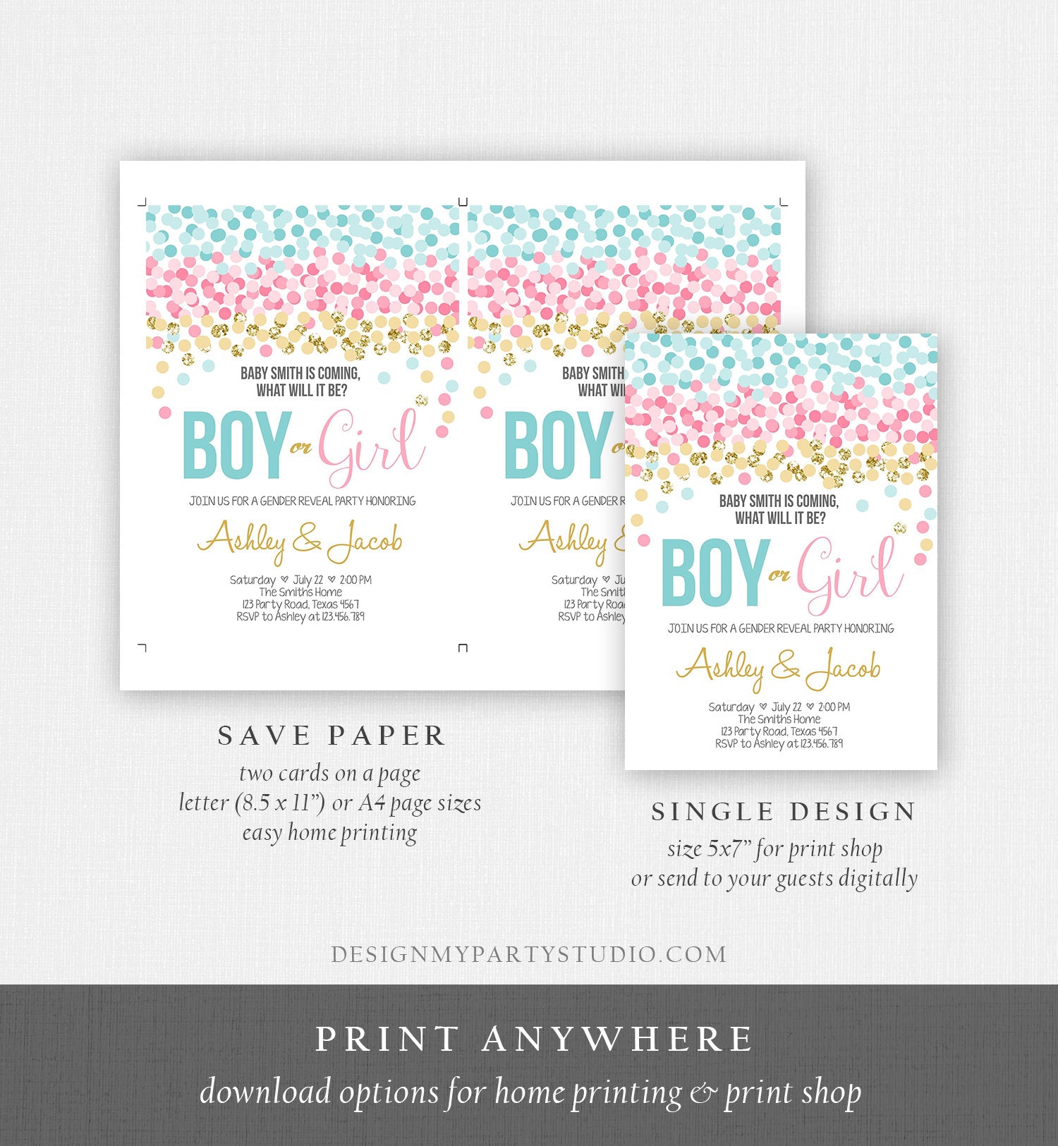Editable Gender Reveal Invitation Confetti Blue or Pink Gold Boy or Girl He or She Rustic Instant Download Printable Template Corjl 0133