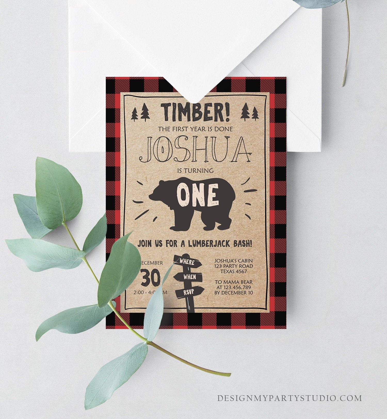 Editable Lumberjack Birthday Invitation First Birthday 1st Boy Woodland Bear Forest Red Black Plaid Rustic Printable Corjl Template 0026