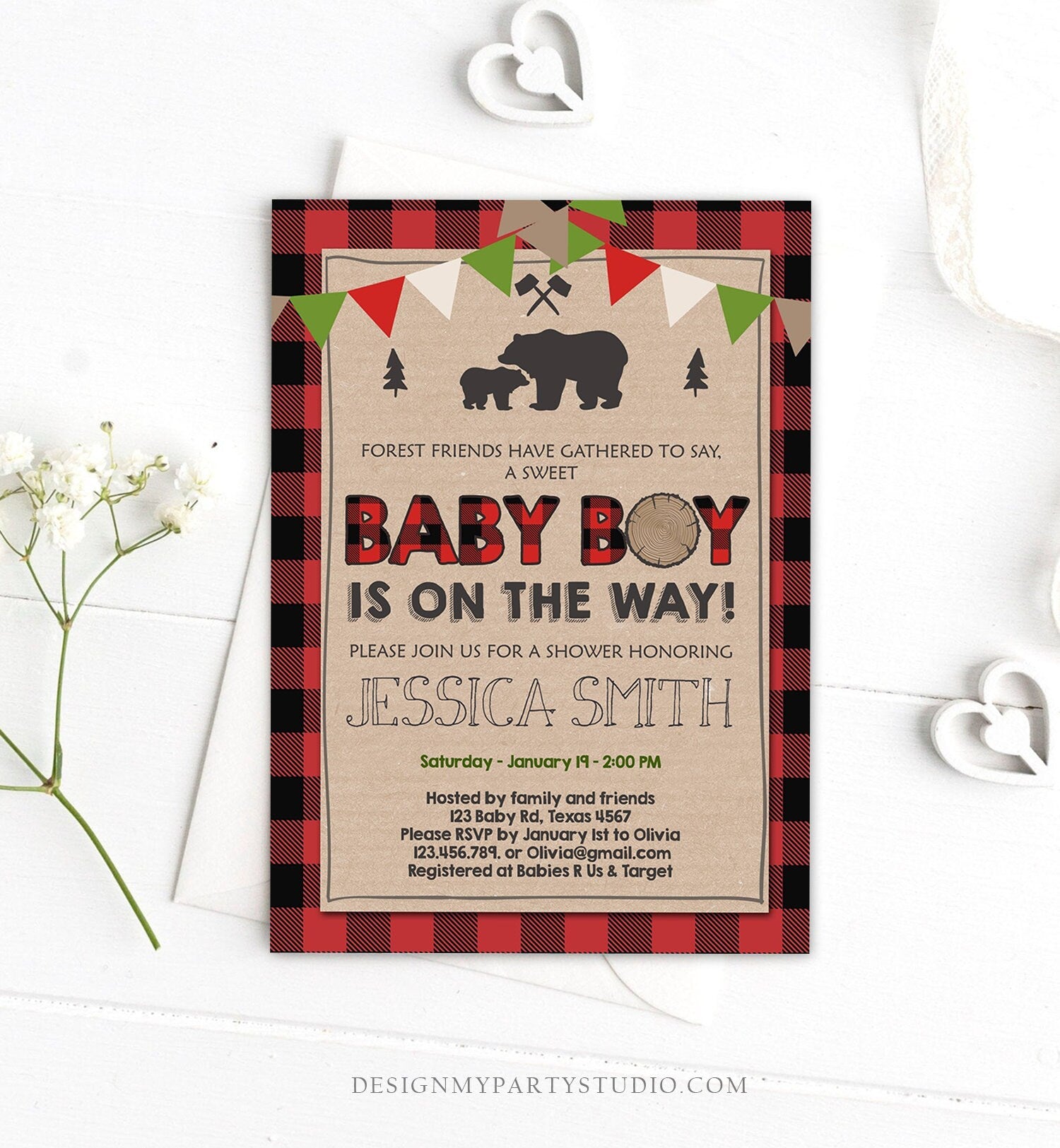 Editable Lumberjack Baby Shower Invitation Baby Boy Buffalo Plaid Rustic Bear Cub Instant Download Printable Template Digital Corjl 0026
