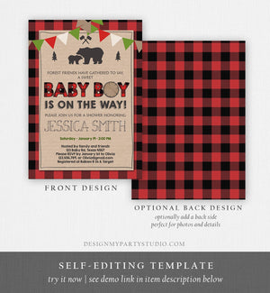 Editable Lumberjack Baby Shower Invitation Baby Boy Buffalo Plaid Rustic Bear Cub Instant Download Printable Template Digital Corjl 0026